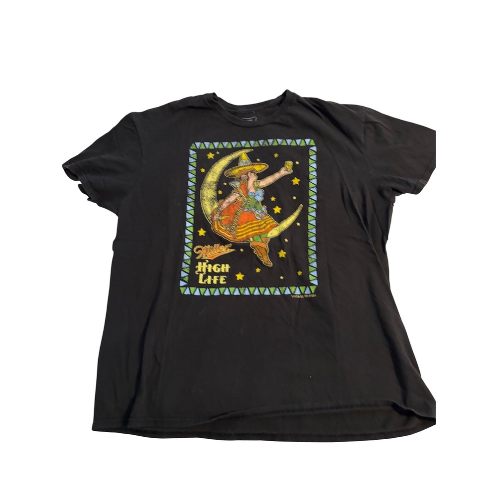 Miller High Life T-Shirt Vintage Girl in the Moon Black Graphic Tee Large